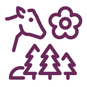 Symboler i form av en ko, en blomma och skog